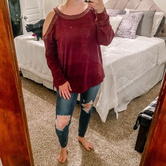 Knox Rose Tops - COPY - Knox Rose Burgundy Cold Shoulder Long Slee…